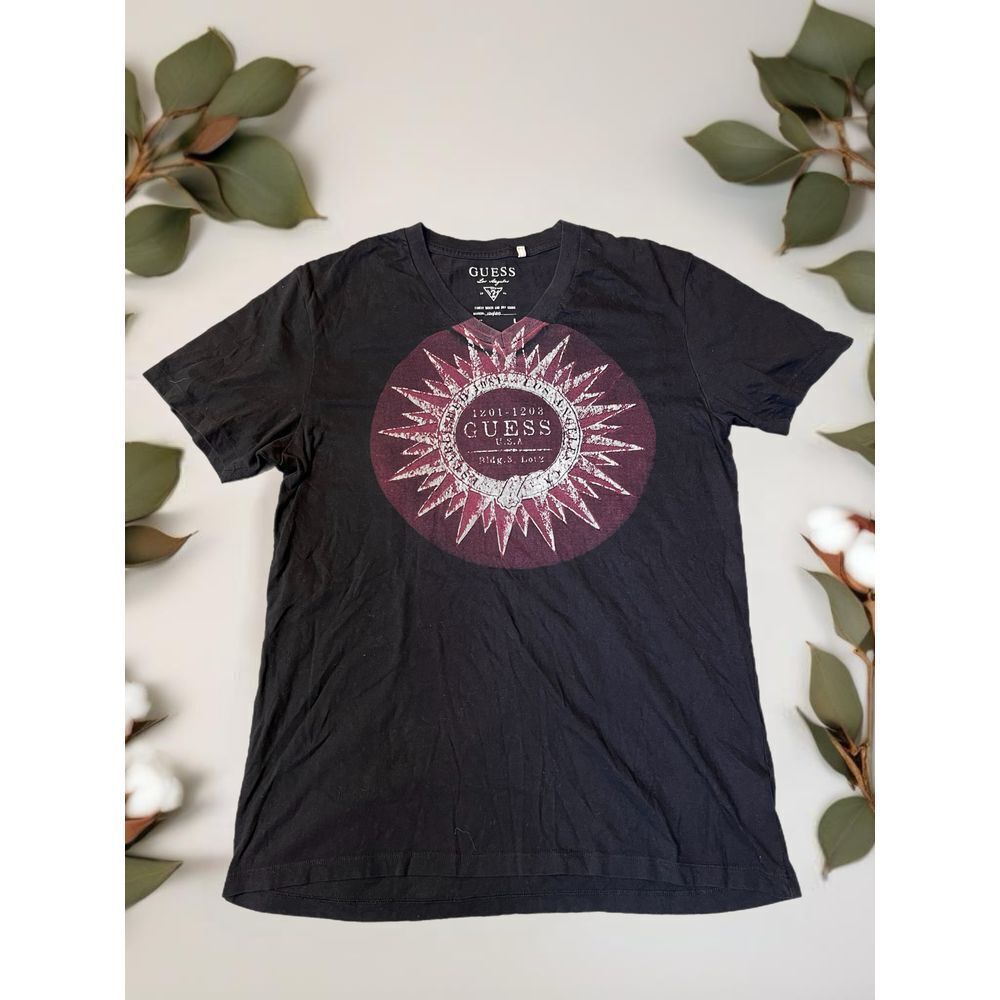 GUESS Black Graphic T-Shirt Sun Burst Logo Vintage Style Cotton Casual Tee Sz L - Picture 1 of 14